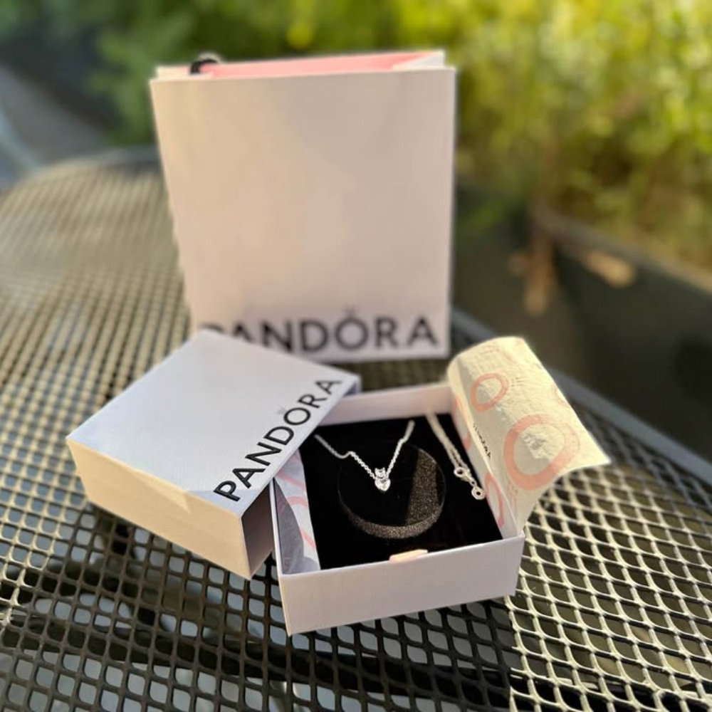 COLLAR PANDORA DOBLE CORAZON PLATA .925 + KIT DE REGALO