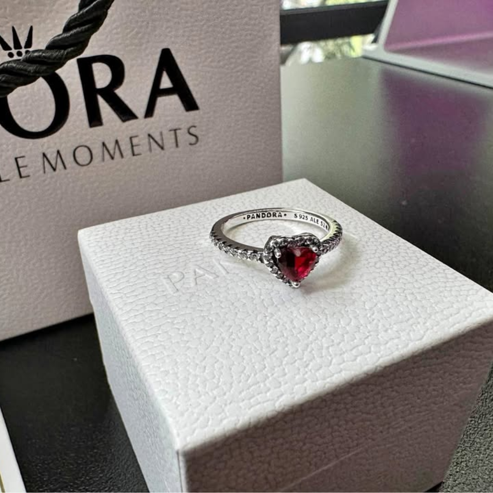 ANILLO PANDORA CORAZON ELEVADO ROJO + KIT DE REGALO