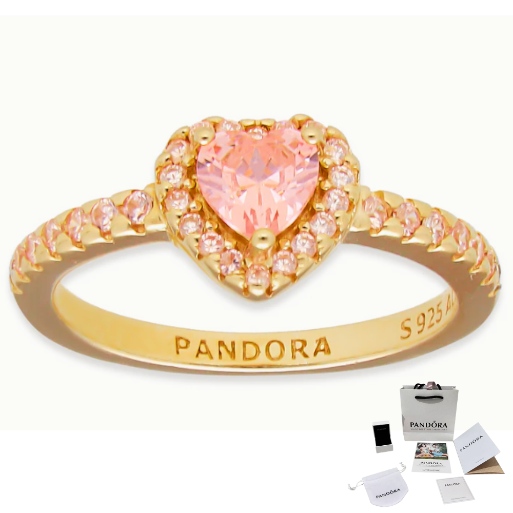 ANILLO PANDORA PROMESA CORAZON ELEVADO ROSA DORADO ORO + KIT DE REGALO
