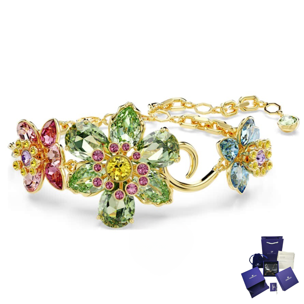 PULSERA BRAZALETE SWAROVSKI IDYLLIA CRISTALES FLOR MULTI COLOR DORADO + KIT DE REGALO