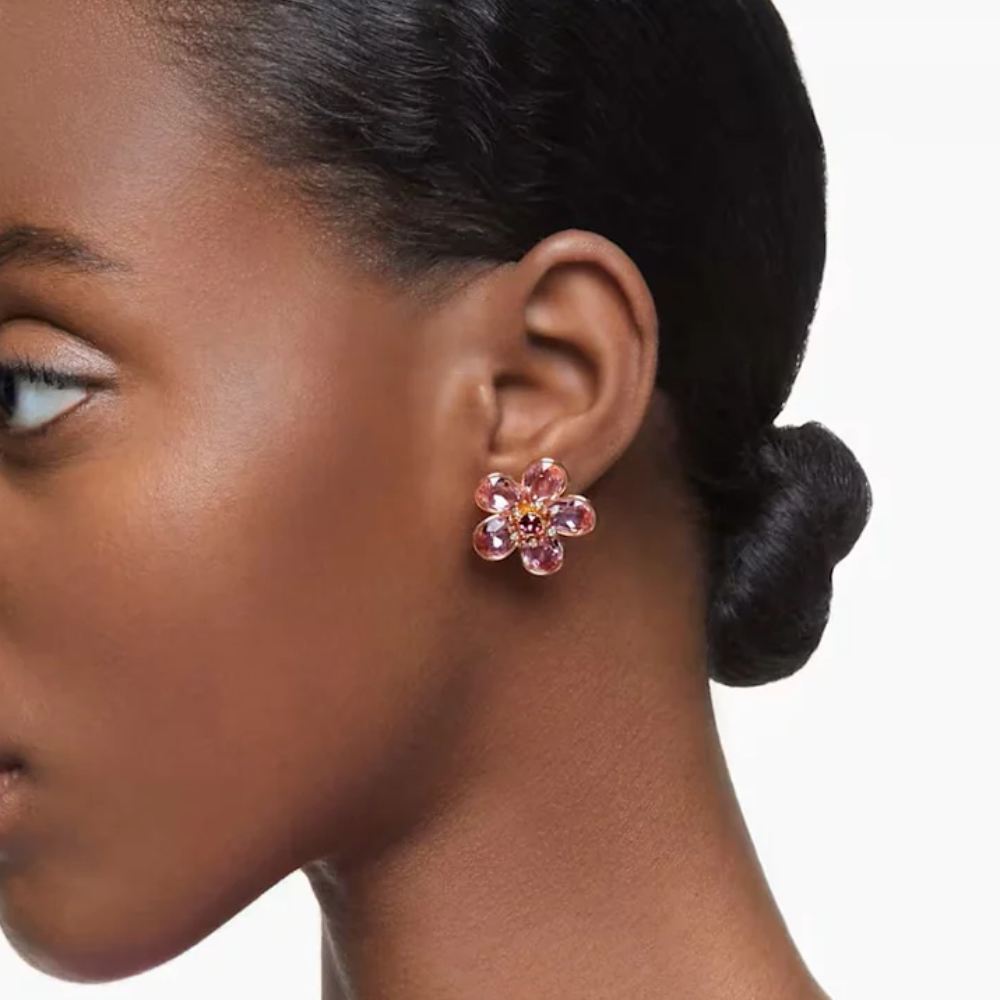 ARETES PENDIENTES FLOR FLORERE CRISTALES ROSA SWAROVSKI ORO 14K + KIT DE REGALO