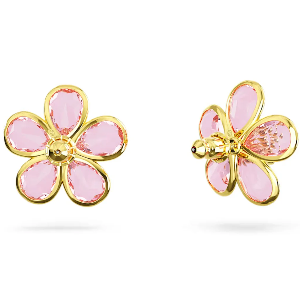 ARETES PENDIENTES FLOR FLORERE CRISTALES ROSA SWAROVSKI ORO 14K + KIT DE REGALO