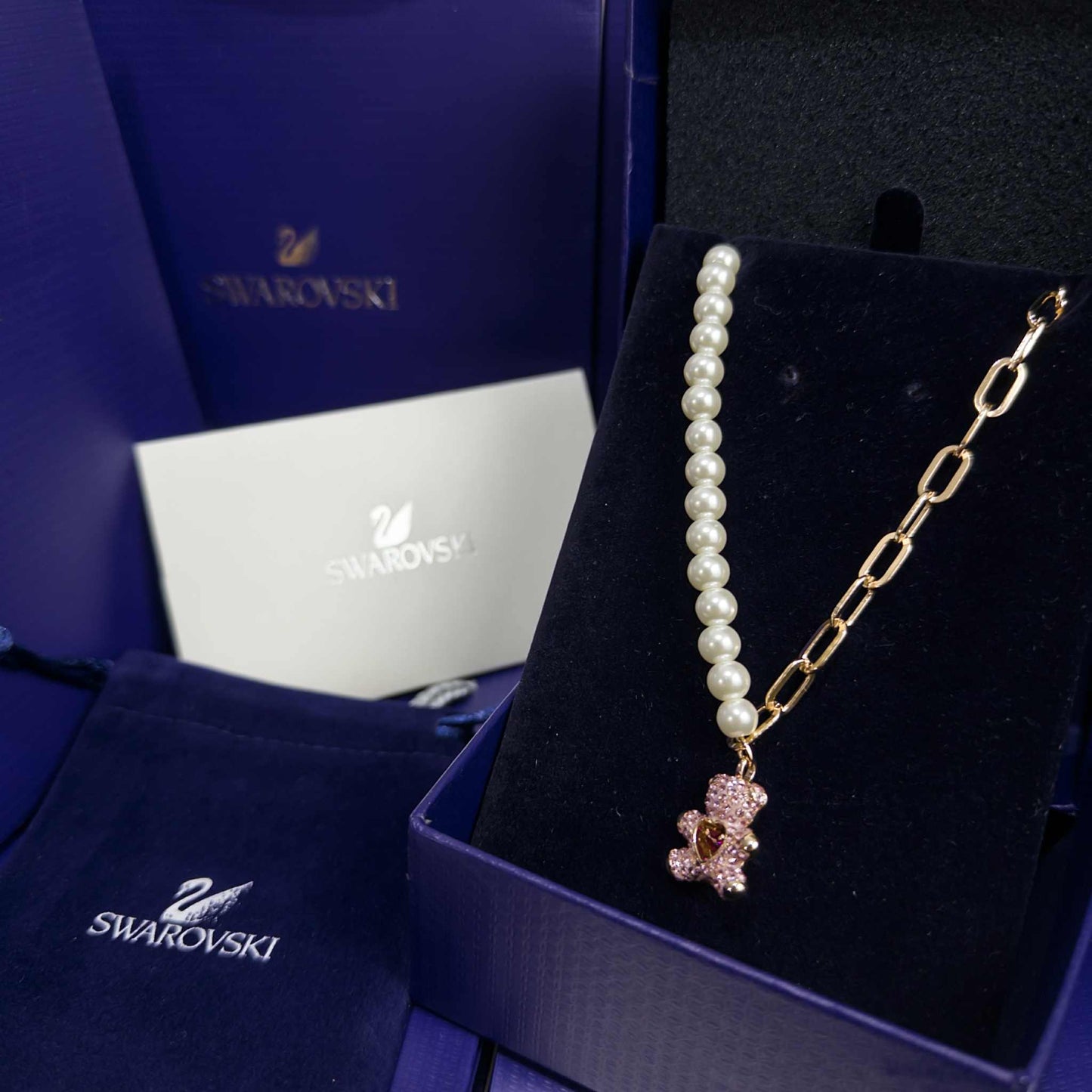 COLLAR TEDDY BEAR OSO SWAROVSKI ROSE GOLD PERLAS