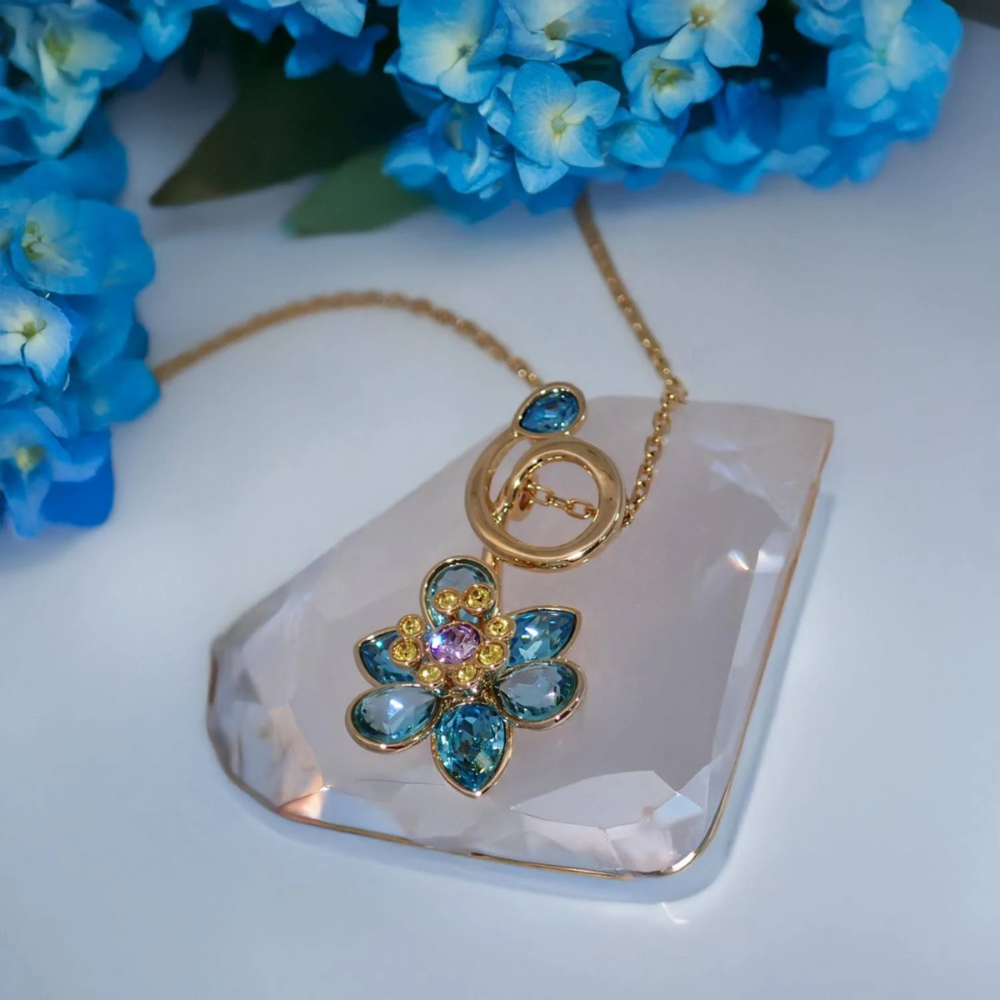 COLLAR COLGANTE SWAROVSKI FLORERE FLOR IDYLLIA AZUL ORO CRISTALES + KIT DE REGALO