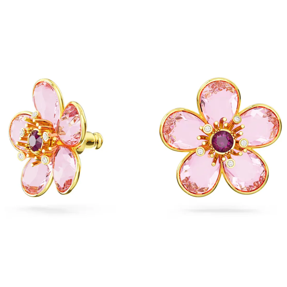 ARETES PENDIENTES FLOR FLORERE CRISTALES ROSA SWAROVSKI ORO 14K + KIT DE REGALO
