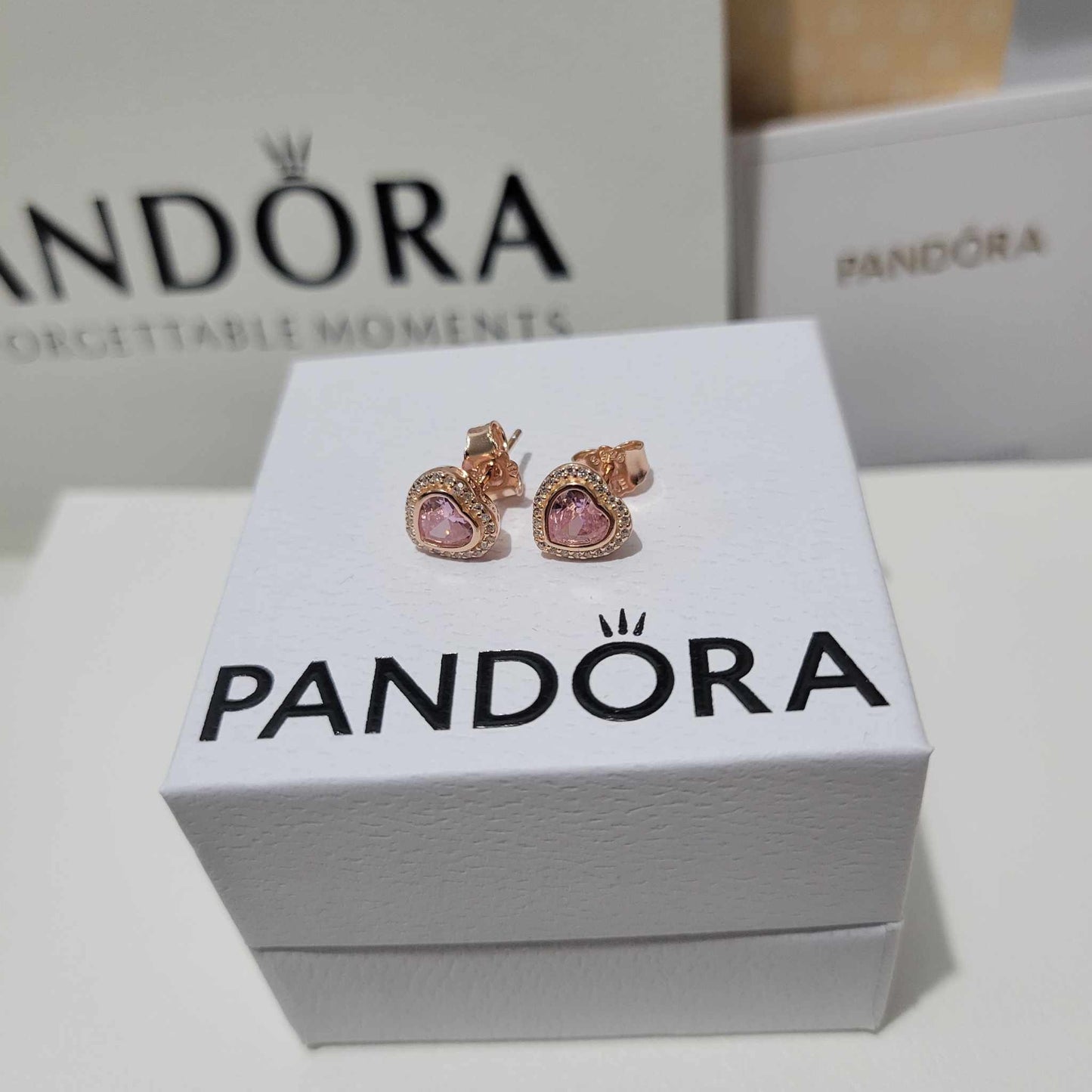 PANDORA RAISED HEART ROSE GOLD EARRINGS + GIFT KIT