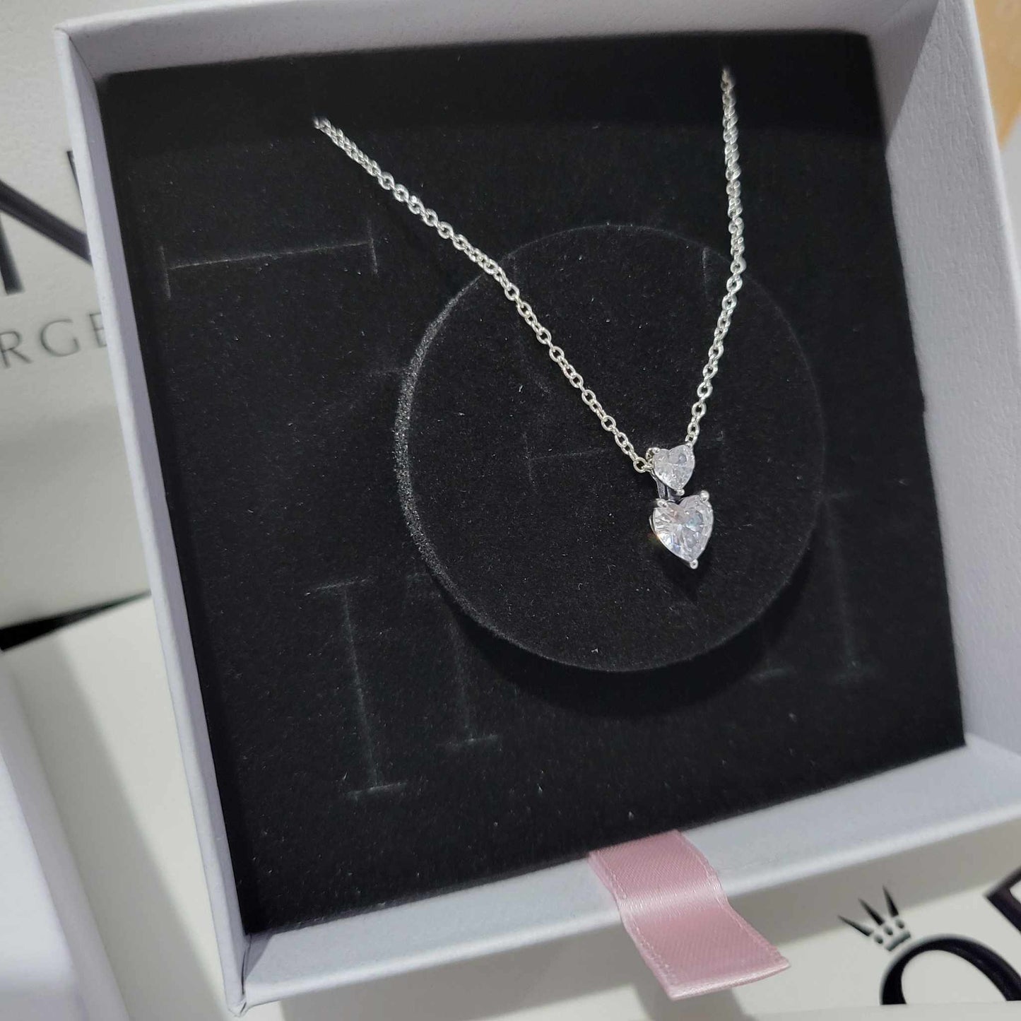 COLLAR PANDORA DOBLE CORAZON PLATA .925 + KIT DE REGALO