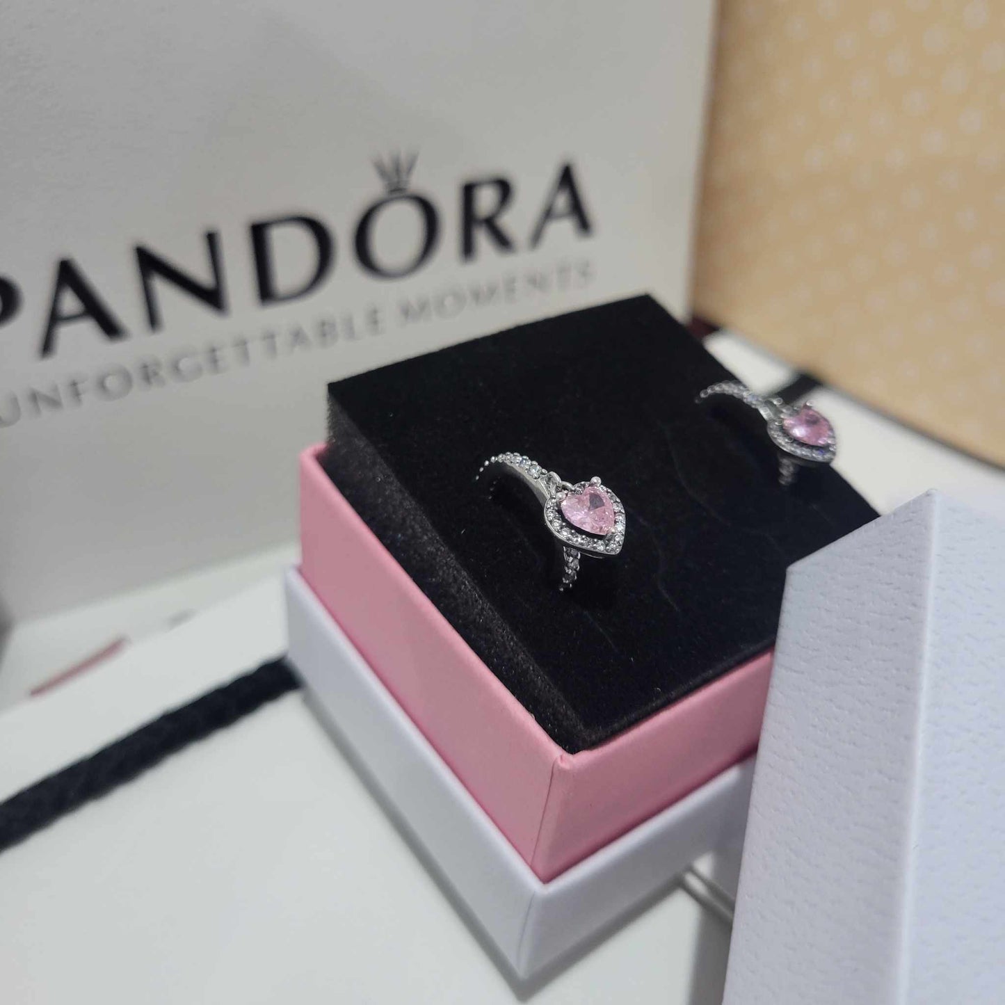 PANDORA PINK HEART SET 925 SILVER RING + NECKLACE + EARRINGS + GIFT KIT
