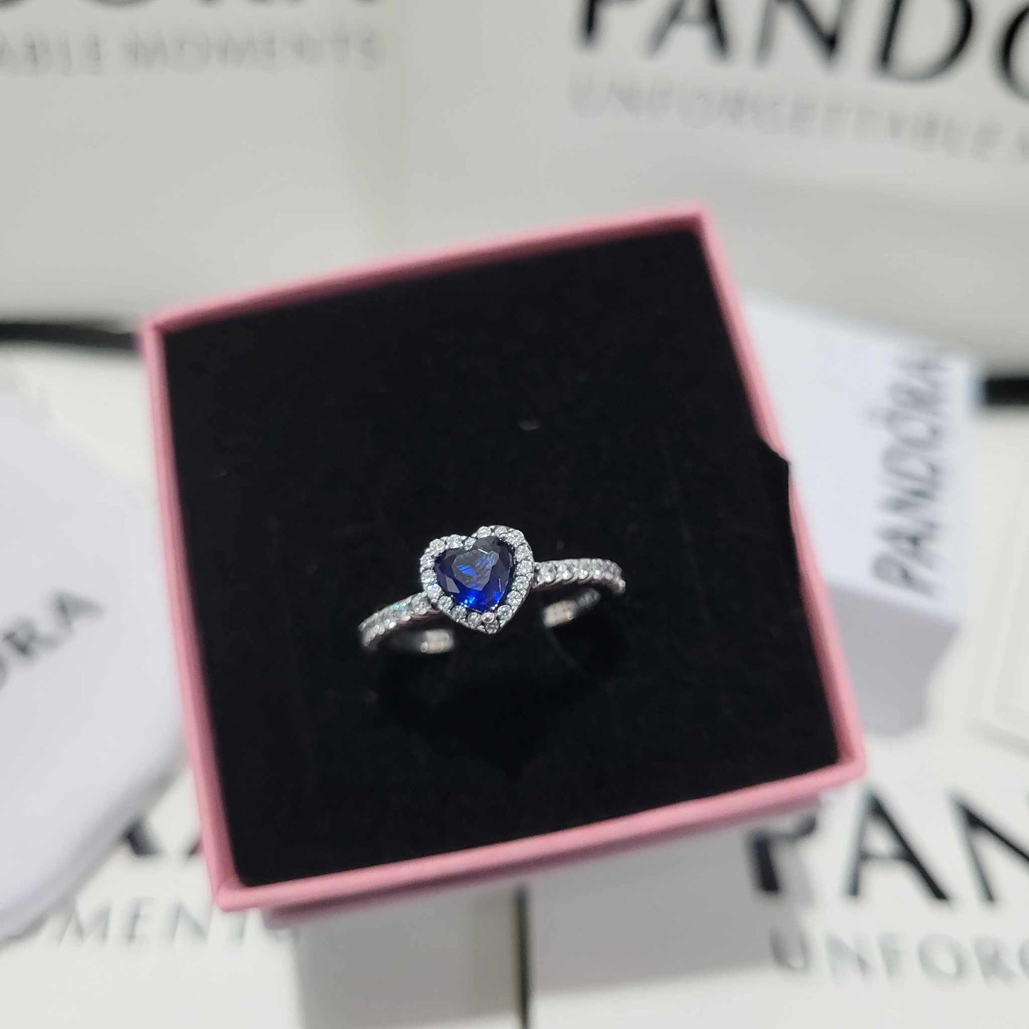 PANDORA RAISED HEART PROMISE RING NAVY BLUE + GIFT KIT