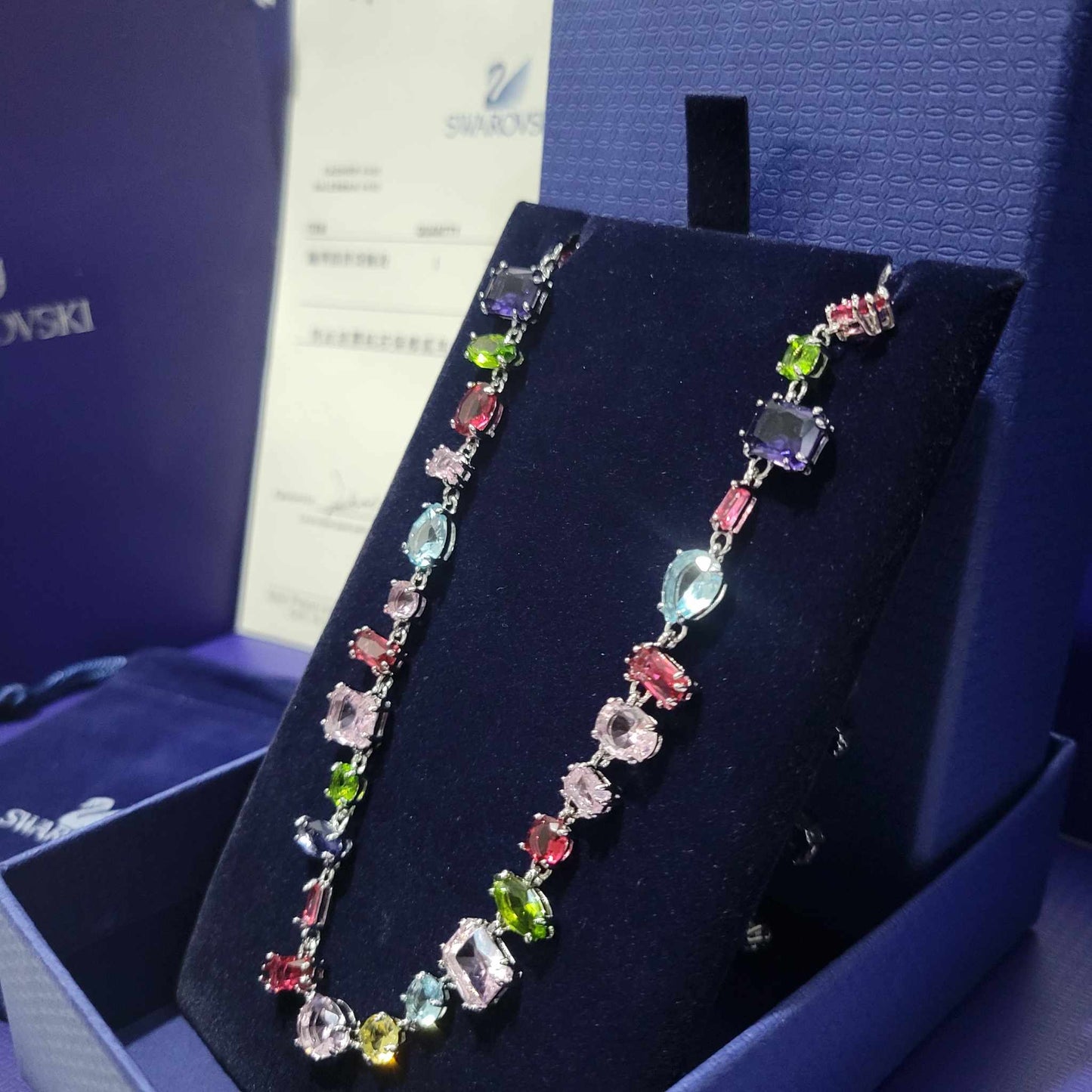 SET NECKLACE + BRACELET + EARRINGS SWAROVSKI MULTICOLOR GEM STONES CRYSTALS