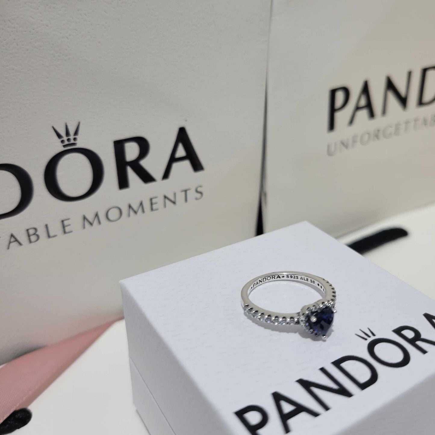PANDORA RAISED HEART PROMISE RING NAVY BLUE + GIFT KIT