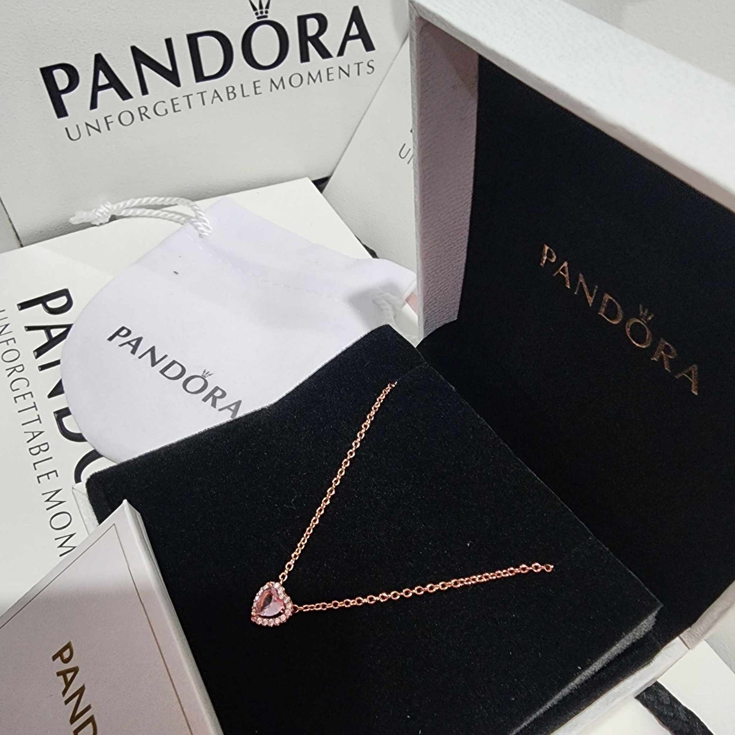PANDORA SET RING + EARRINGS + HEART NECKLACE RAISED PINK ROSE GOLD