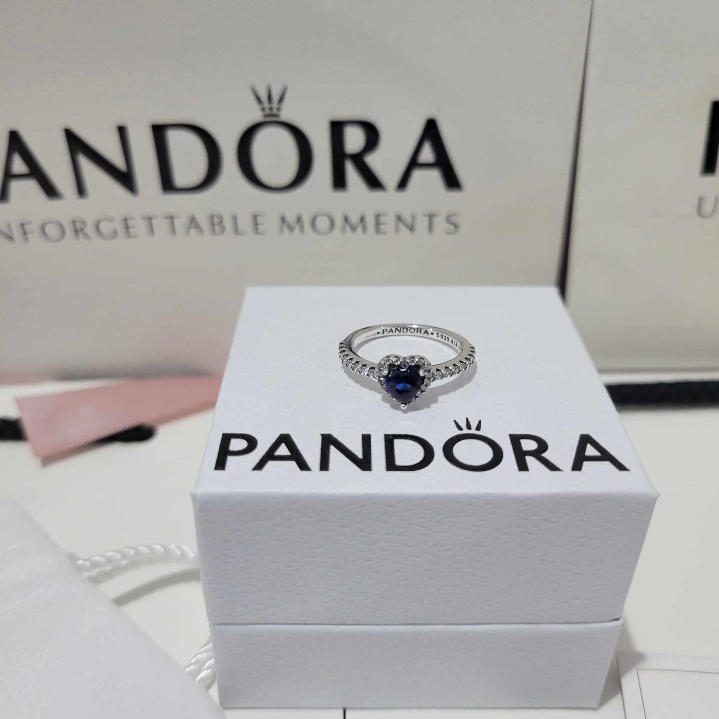 PANDORA RAISED HEART PROMISE RING NAVY BLUE + GIFT KIT