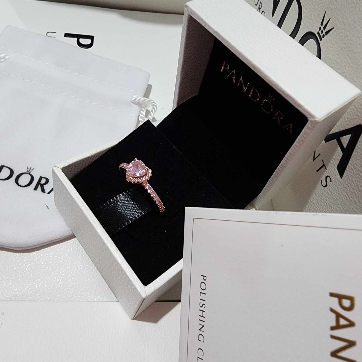 ANILLO PANDORA PROMESA CORAZON BRILLANTE ELEVADO ORO ROSA + KIT DE REGALO