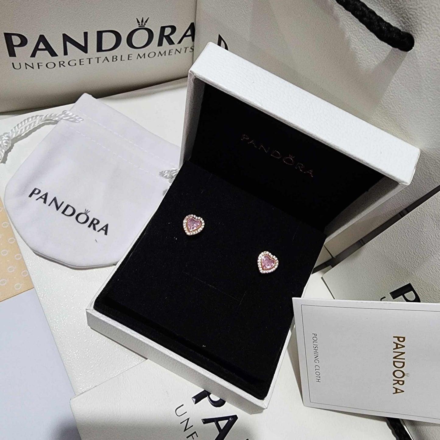 PANDORA SET RING + EARRINGS + HEART NECKLACE RAISED PINK ROSE GOLD