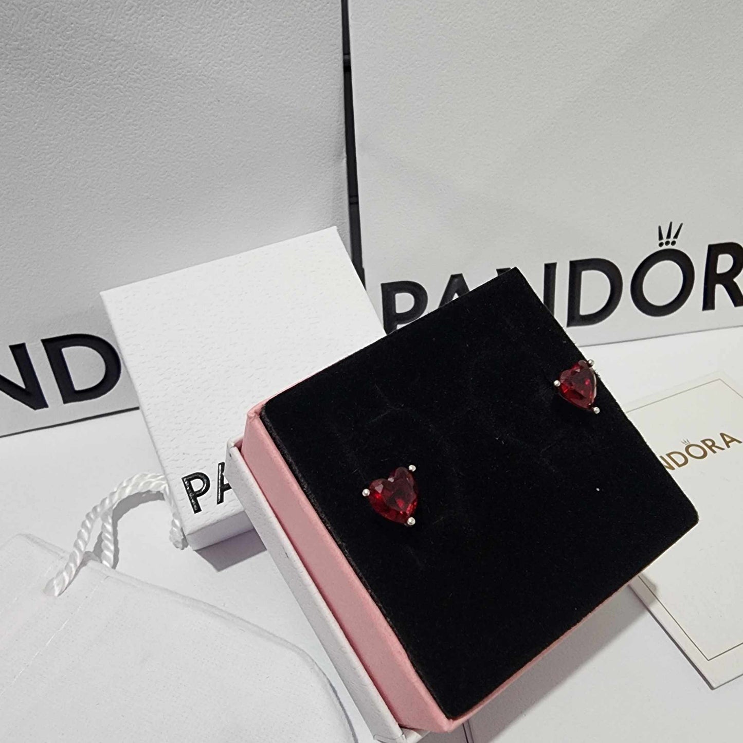 ARETES PENDIENTES PANDORA CORAZON ROJO AMOR + KIT DE REGALO
