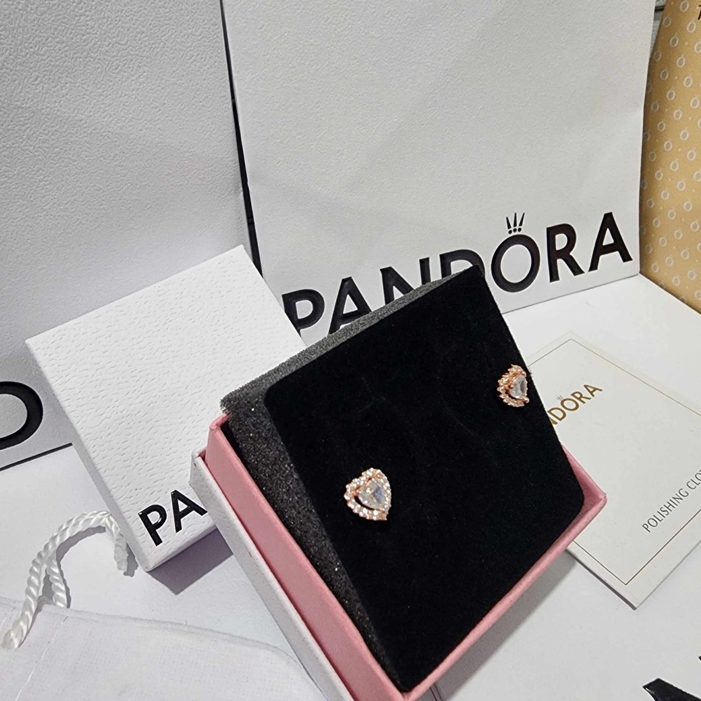 PANDORA RAISED HEART WHITE ROSE GOLD EARRINGS + GIFT KIT