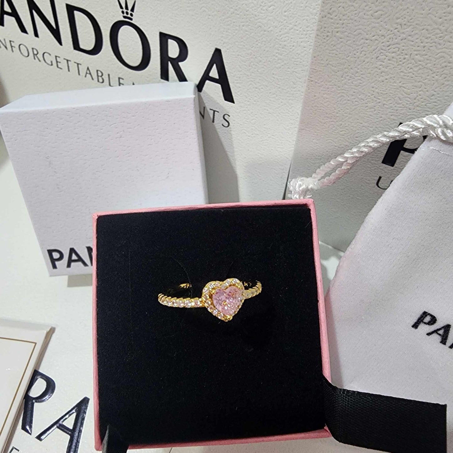 ANILLO PANDORA PROMESA CORAZON ELEVADO ROSA DORADO ORO + KIT DE REGALO