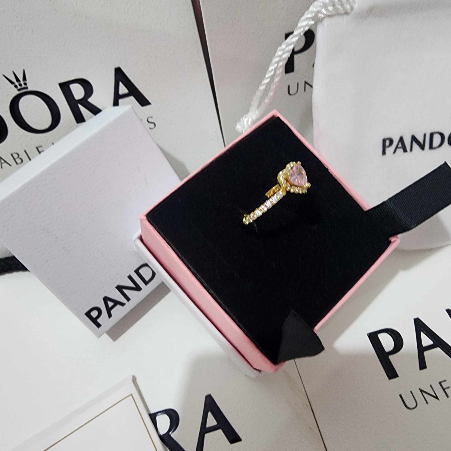 ANILLO PANDORA PROMESA CORAZON ELEVADO ROSA DORADO ORO + KIT DE REGALO
