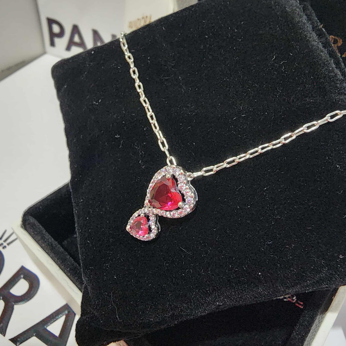 COLLAR PANDORA DOBLE CORAZON ROJO HALO PLATA 925 + KIT DE REGALO