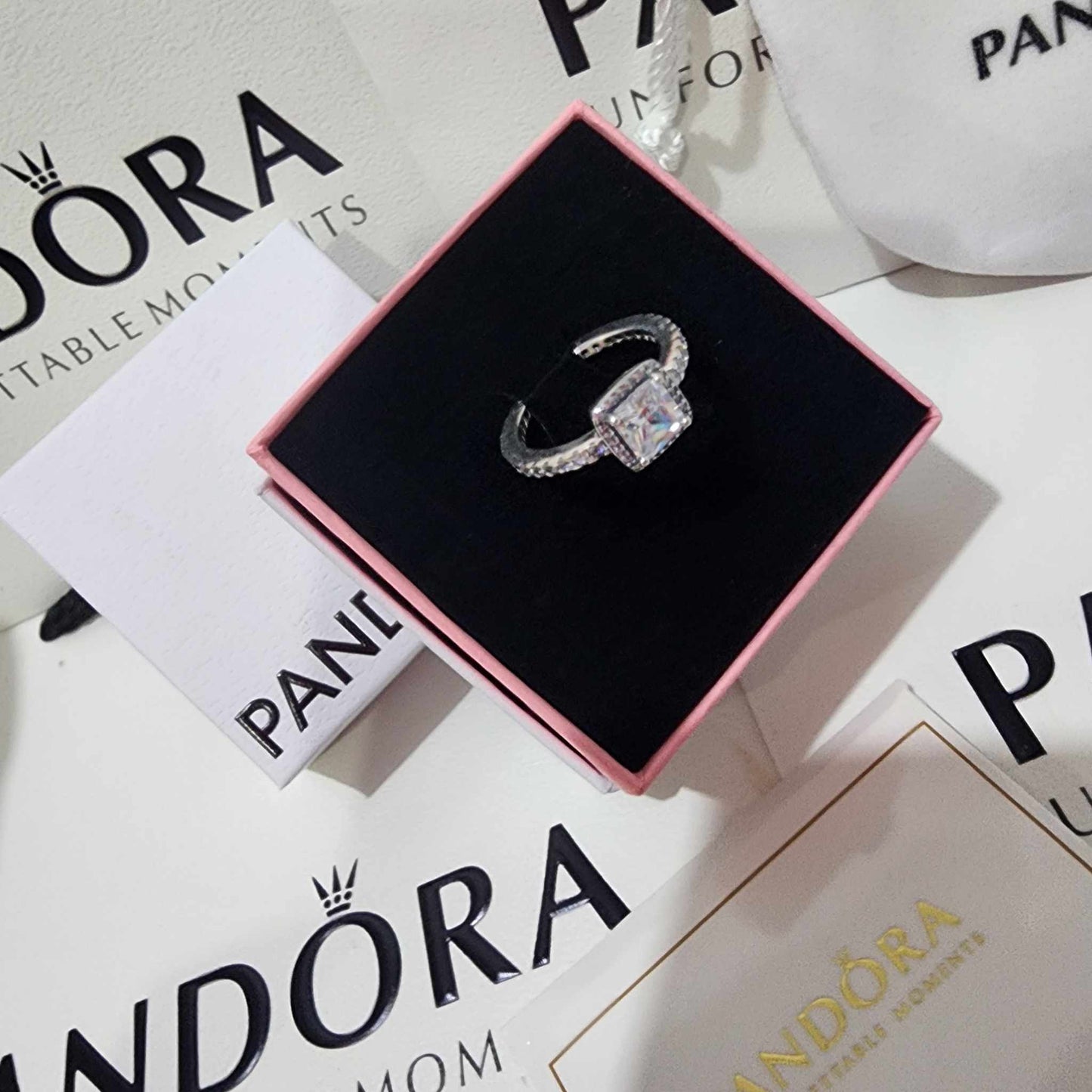 ANILLO SQUARE CUADRADO HALO BRILLANTE PANDORA + KIT DE REGALO