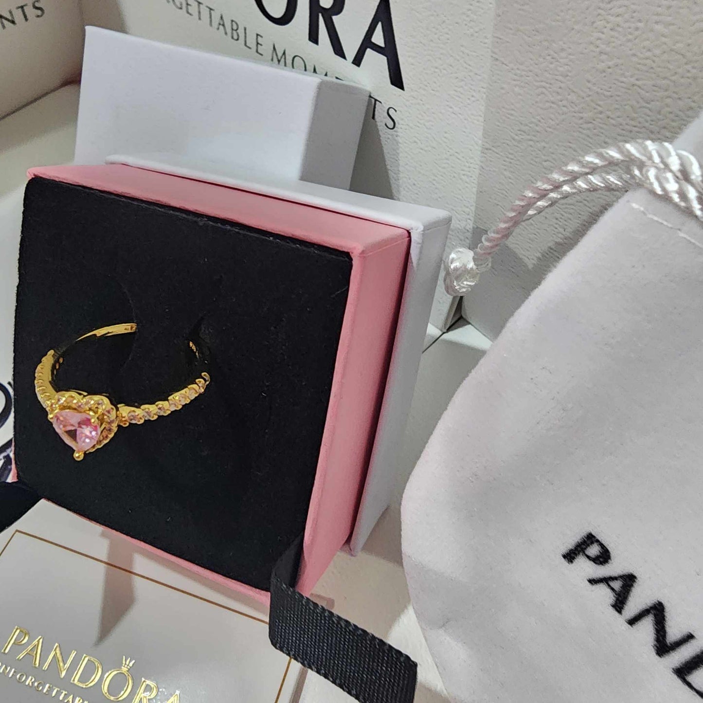 ANILLO PANDORA PROMESA CORAZON ELEVADO ROSA DORADO ORO + KIT DE REGALO