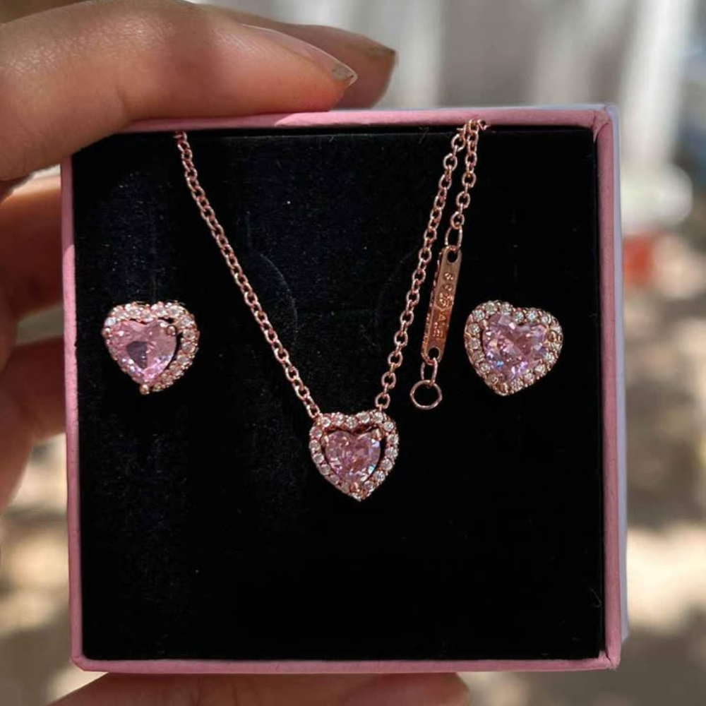 PANDORA ROSE GOLD RAISED HEART NECKLACE PINK + GIFT KIT