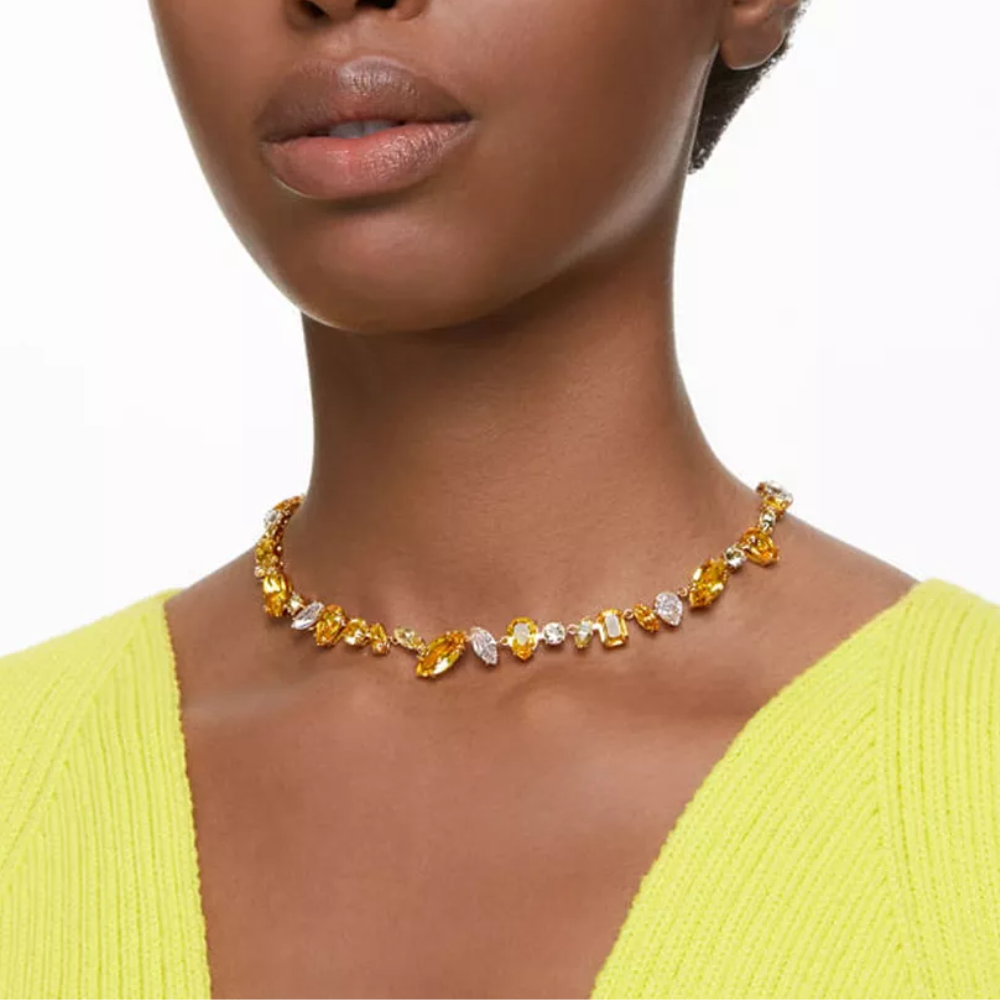 COLLAR GEMA CRISTALES COMPLETO MULTI COLOR SWAROVSKI DORADO AMARILLO + KIT DE REGALO