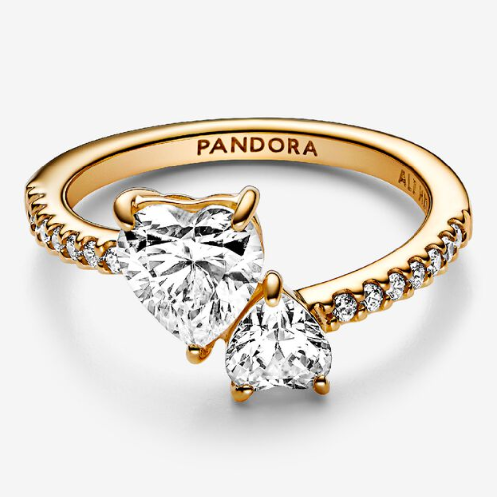 ANILLO PROMESA PANDORA DORADO DOBLE CORAZON PLATA .925