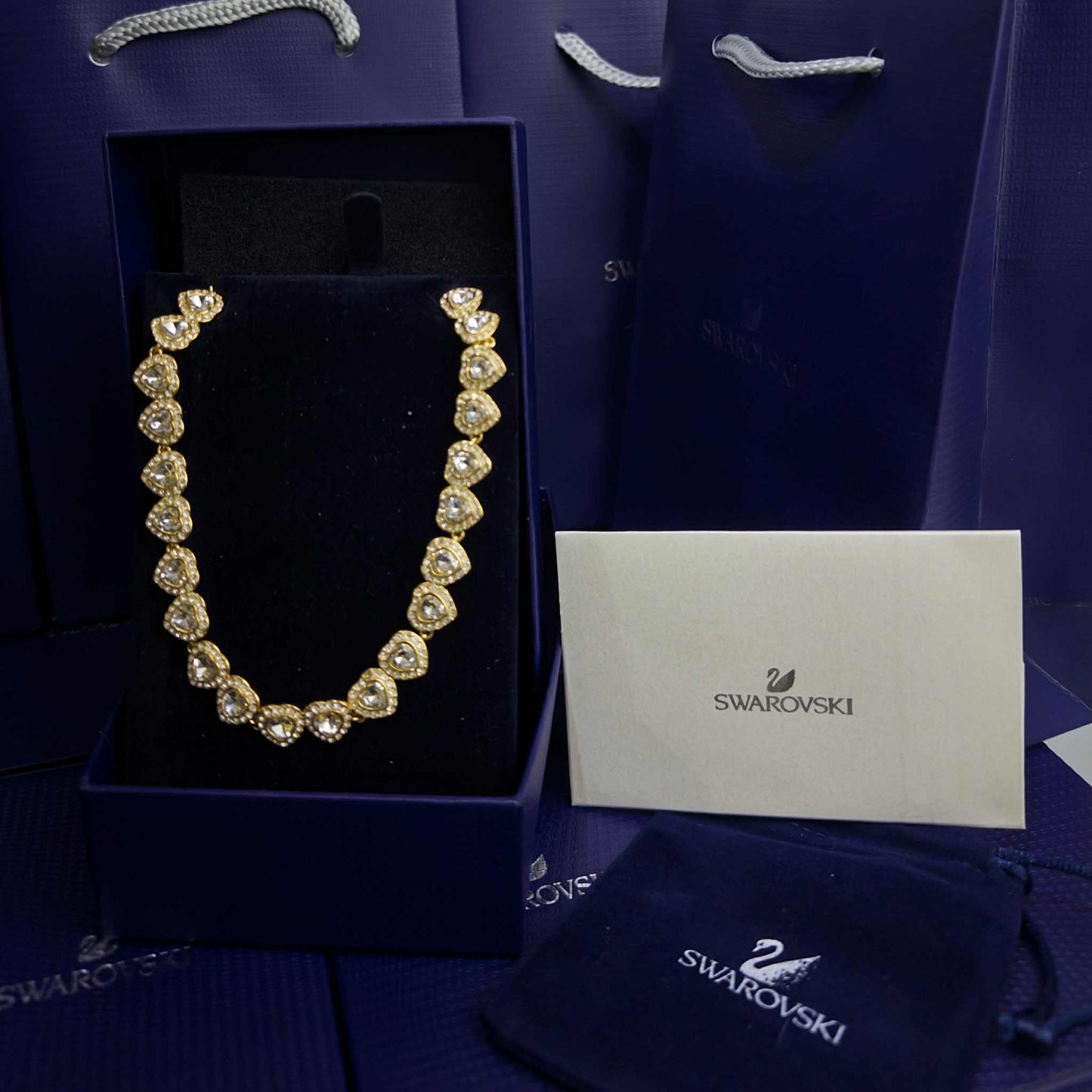 COLLAR SWAROVSKI TENIS DORADO ORO CORAZONES BLANCOS ARIANA GRANDE + KIT DE REGALO