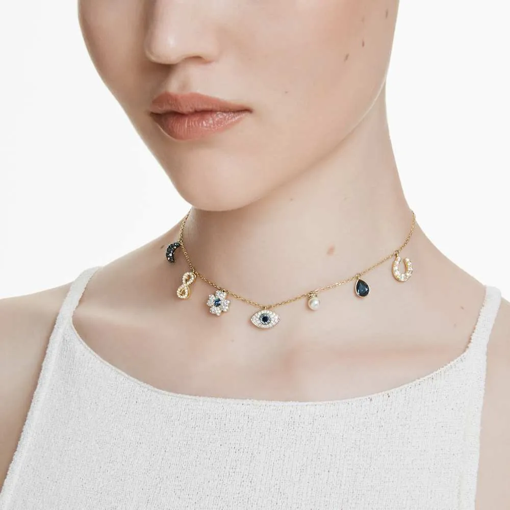 COLLAR GARGANTILLA SWAROVSKI SIMBOLICA LUNA INFINITO TREBOL OJO HERRADURA ORO