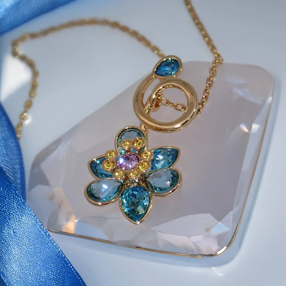 COLLAR COLGANTE SWAROVSKI FLORERE FLOR IDYLLIA AZUL ORO CRISTALES + KIT DE REGALO