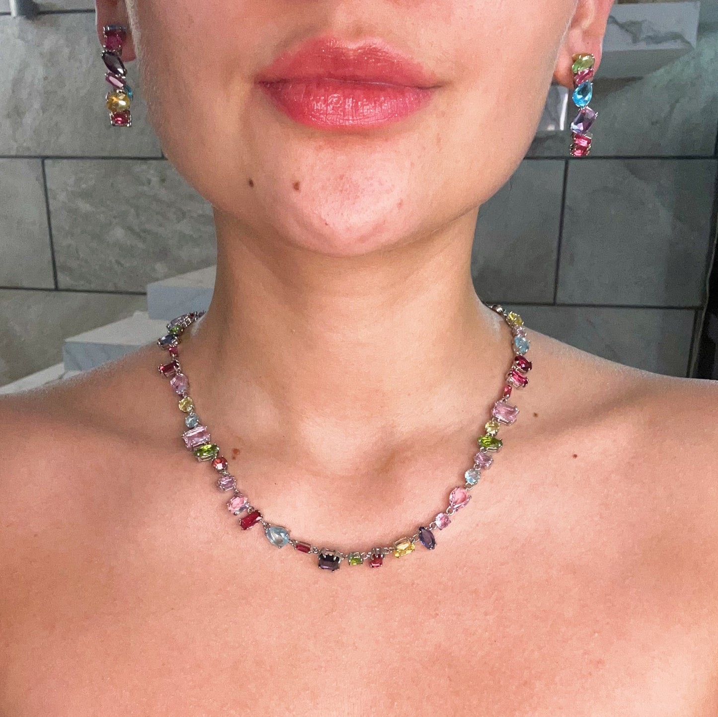 SET NECKLACE + BRACELET + EARRINGS SWAROVSKI MULTICOLOR GEM STONES CRYSTALS