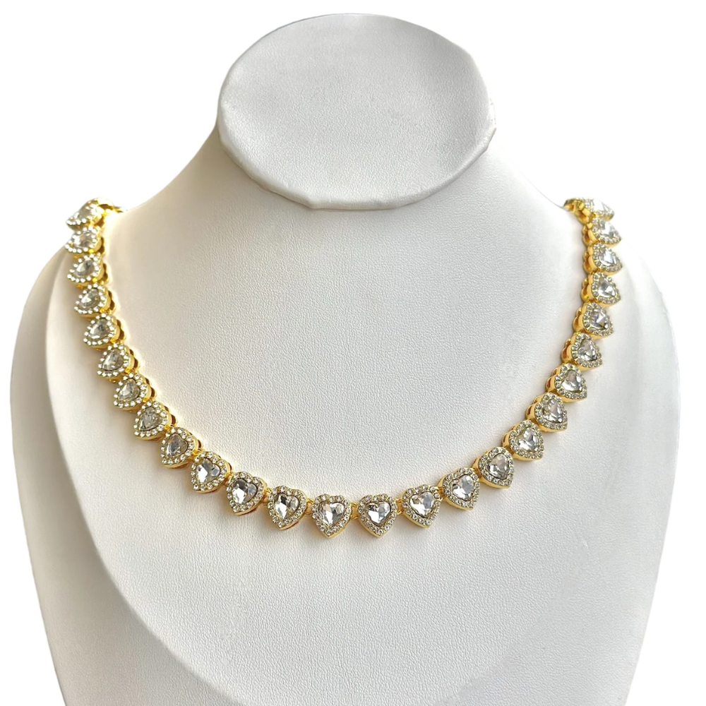 COLLAR SWAROVSKI TENIS DORADO ORO CORAZONES BLANCOS ARIANA GRANDE + KIT DE REGALO