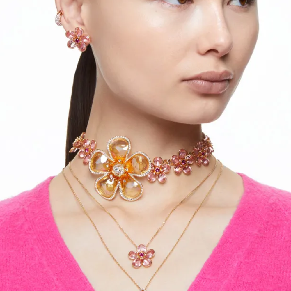 COLLAR COLGANTE SWAROVSKI FLORERE FLOR ROSA ORO CRISTALES + KIT DE REGALO