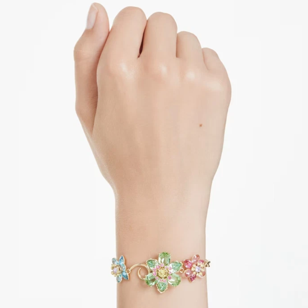 PULSERA BRAZALETE SWAROVSKI IDYLLIA CRISTALES FLOR MULTI COLOR DORADO + KIT DE REGALO