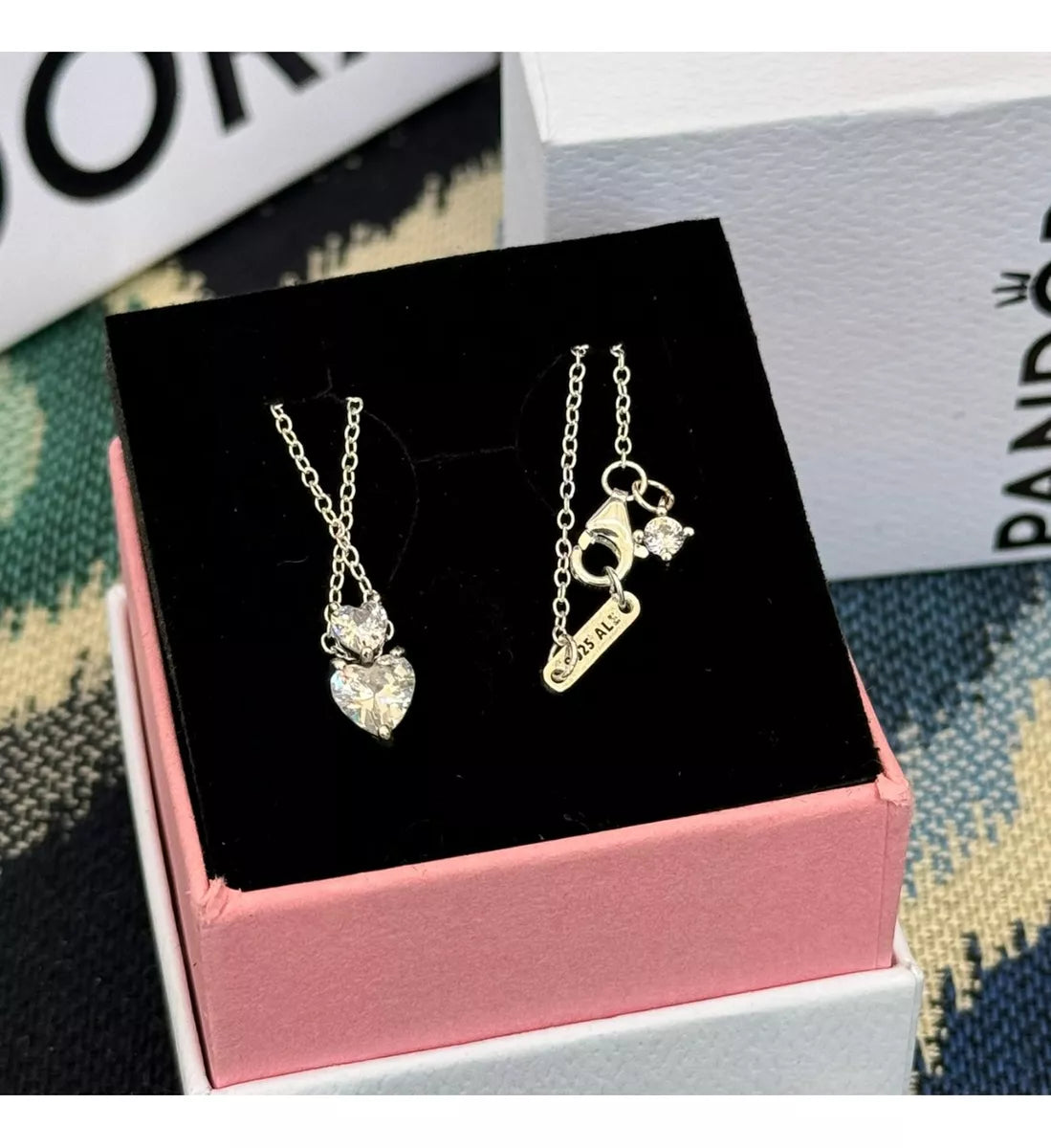 COLLAR PANDORA DOBLE CORAZON PLATA .925 + KIT DE REGALO