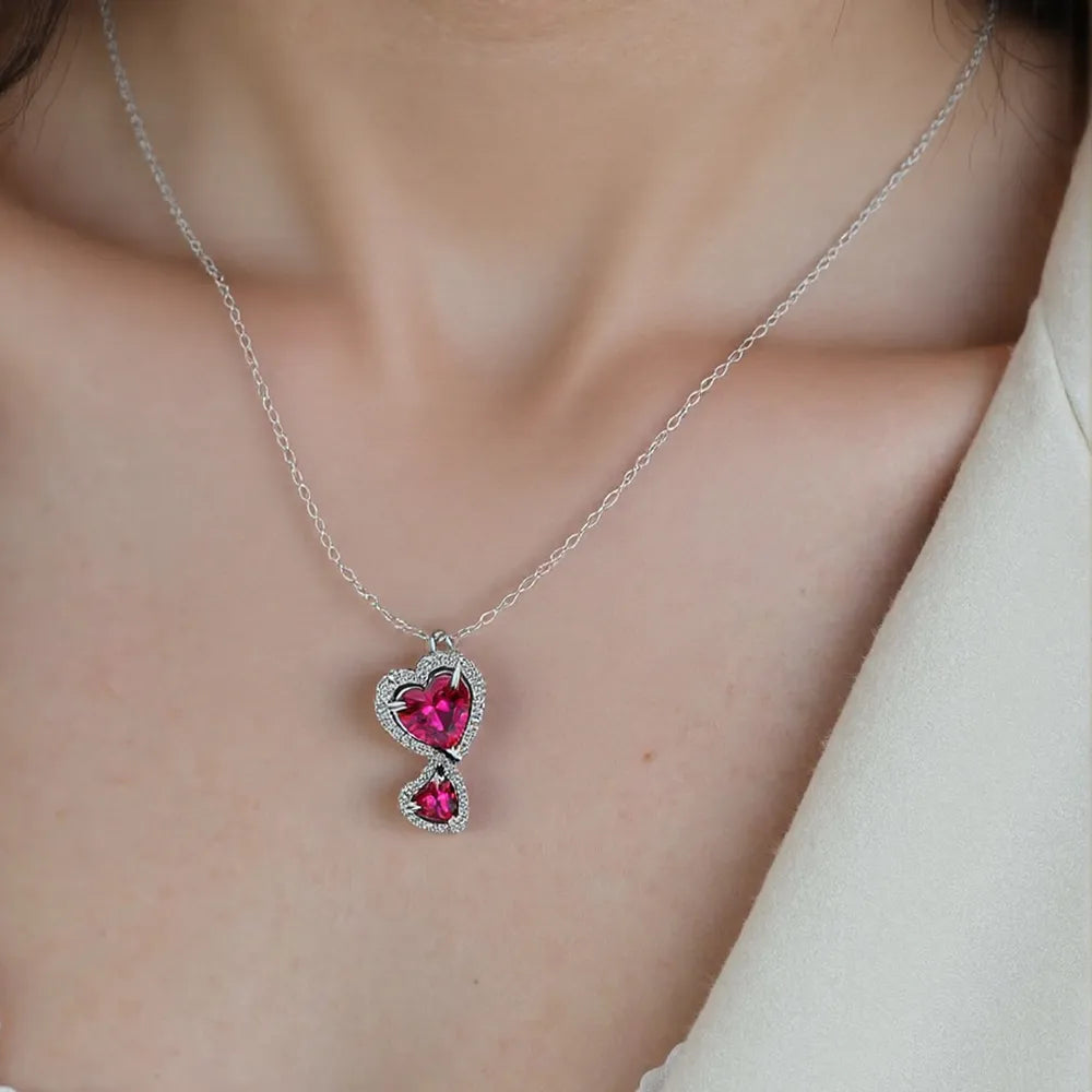 COLLAR PANDORA DOBLE CORAZON ROJO HALO PLATA 925 + KIT DE REGALO