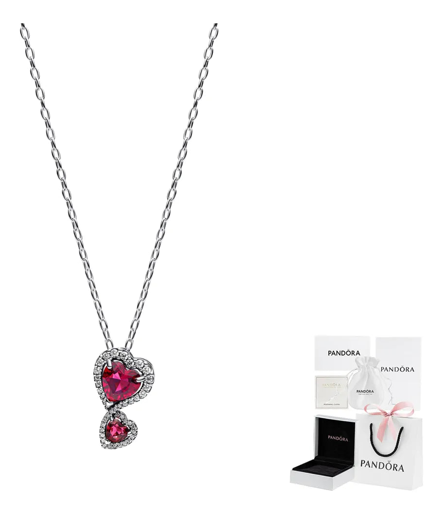 COLLAR PANDORA DOBLE CORAZON ROJO HALO PLATA 925 + KIT DE REGALO