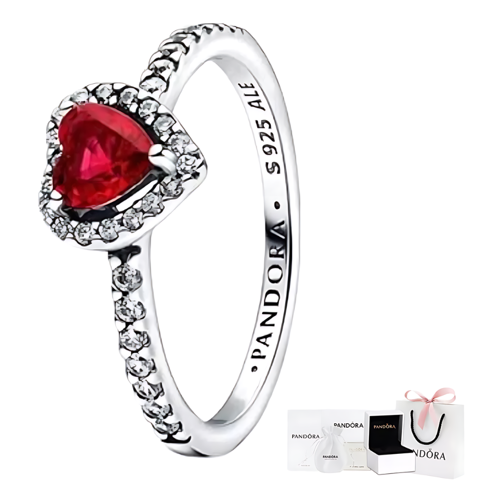 ANILLO PANDORA CORAZON ELEVADO ROJO + KIT DE REGALO