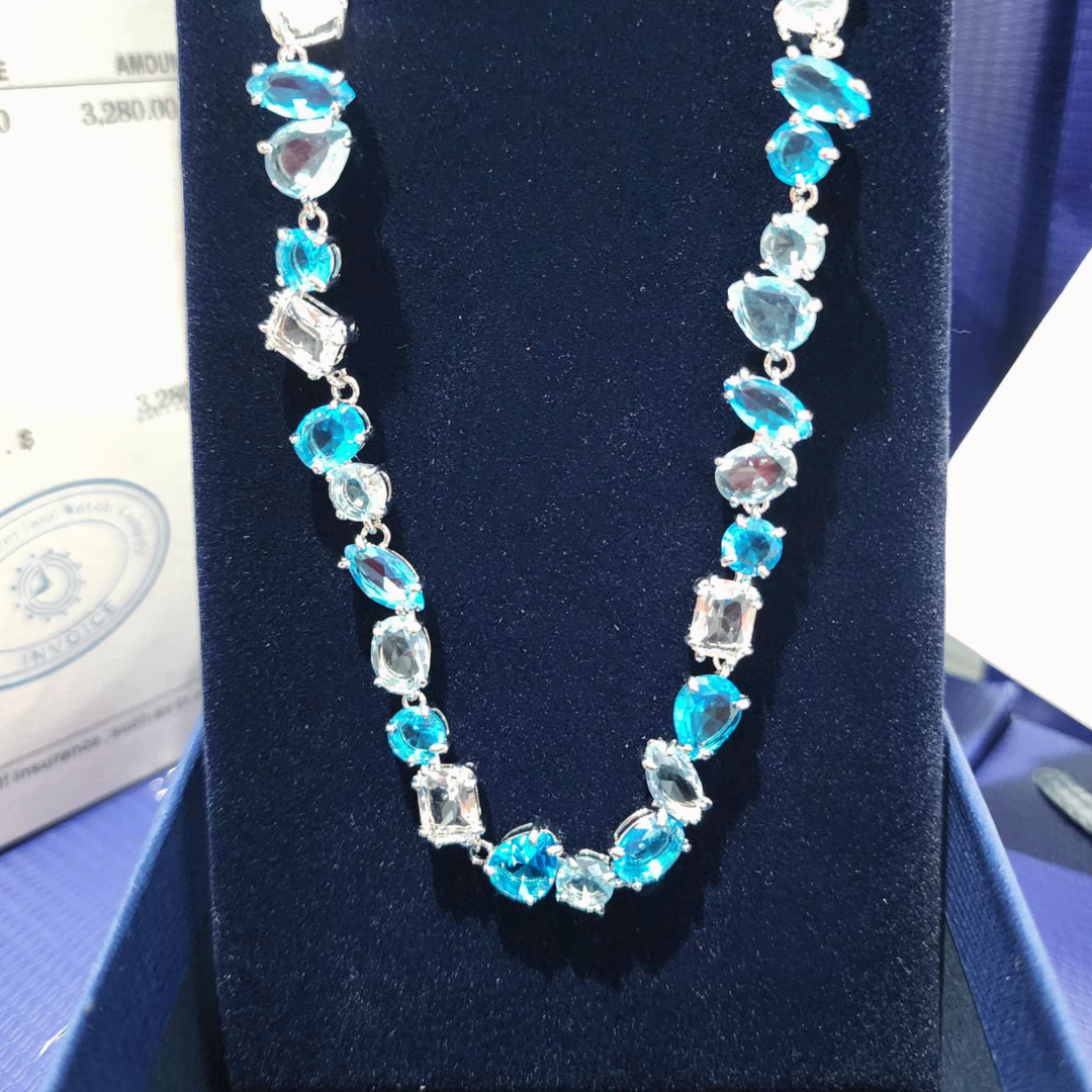 COLLAR GEMA CRISTALES COMPLETO AZUL SWAROVSKI + KIT DE REGALO