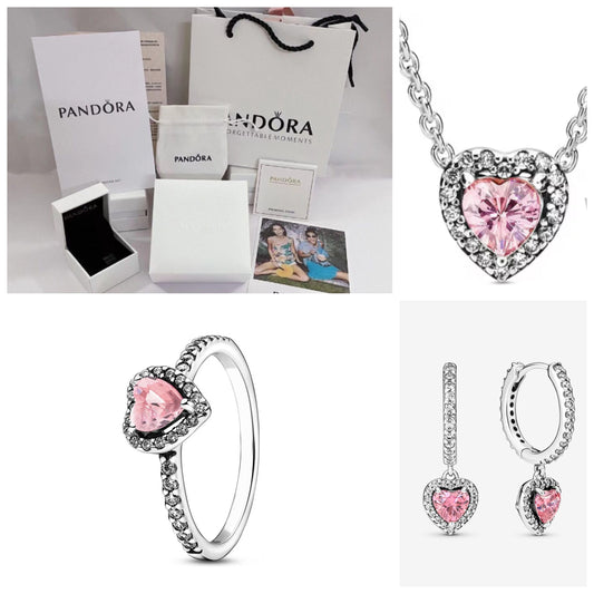 PANDORA PINK HEART SET 925 SILVER RING + NECKLACE + EARRINGS + GIFT KIT