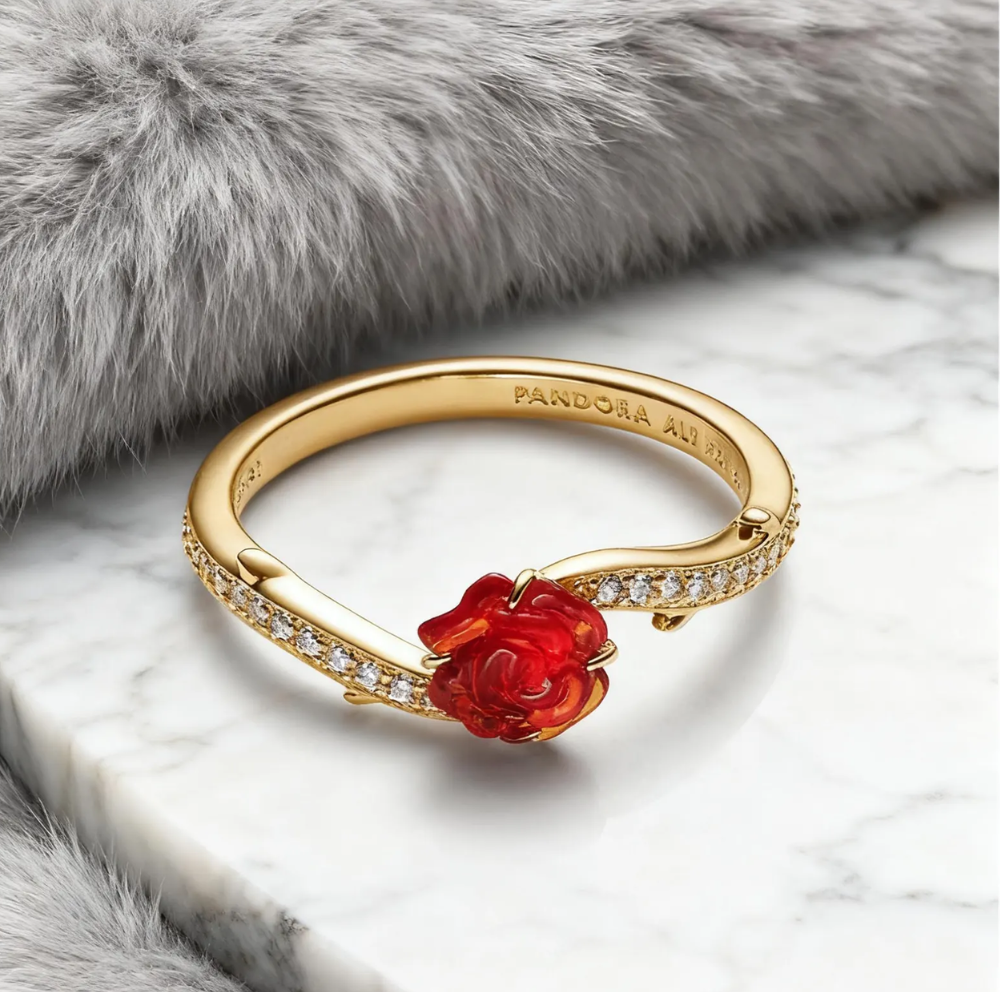 ANILLO PANDORA PINCESA DISNEY BELLA Y LA BESTIA ROSA ENCANTADA ORO 14K