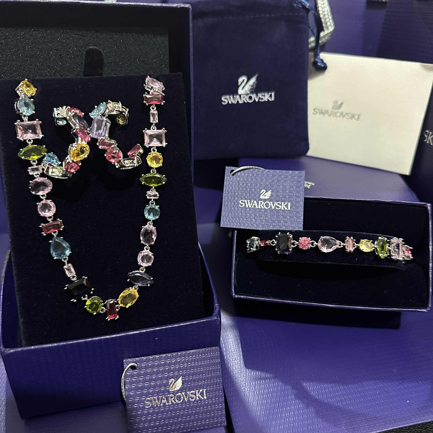 SET NECKLACE + BRACELET + EARRINGS SWAROVSKI MULTICOLOR GEM STONES CRYSTALS