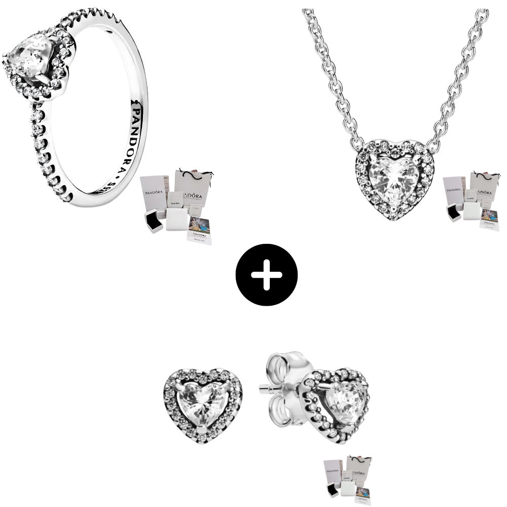 PANDORA SILVER RAISED HEART SET RING + NECKLACE + EARRINGS