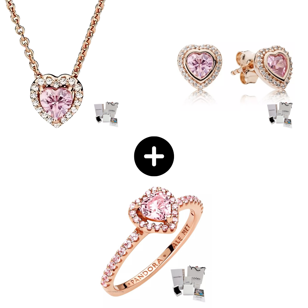 PANDORA SET RING + EARRINGS + HEART NECKLACE RAISED PINK ROSE GOLD