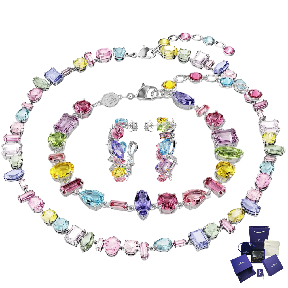 SET NECKLACE + BRACELET + EARRINGS SWAROVSKI MULTICOLOR GEM STONES CRYSTALS