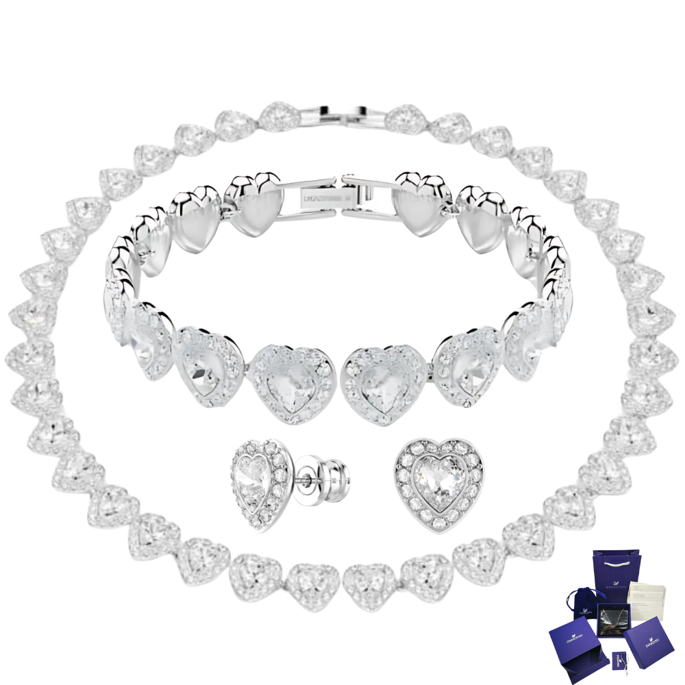 SET CONJUNTO COLLAR + PULSERA + ARETES SWAROVSKI ARIANA GRANDE CORAZONES