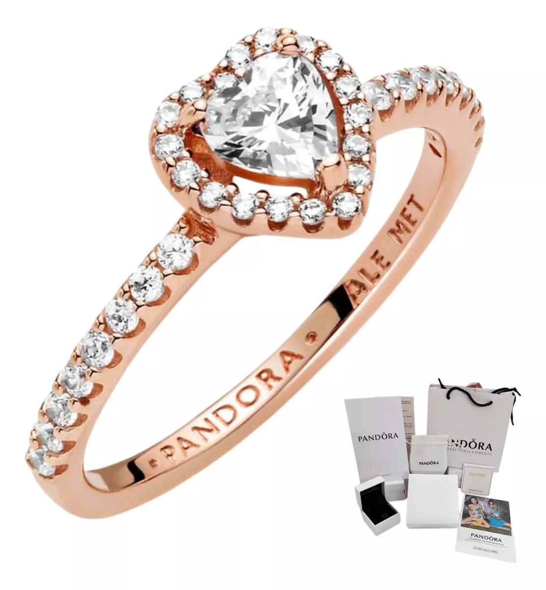 ANILLO PANDORA PROMESA CORAZON BRILLANTE ELEVADO BLANCO ORO ROSA + KIT DE REGALO