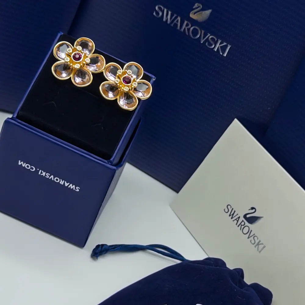 ARETES PENDIENTES FLOR FLORERE CRISTALES ROSA SWAROVSKI ORO 14K + KIT DE REGALO ZOCALO ONLINE